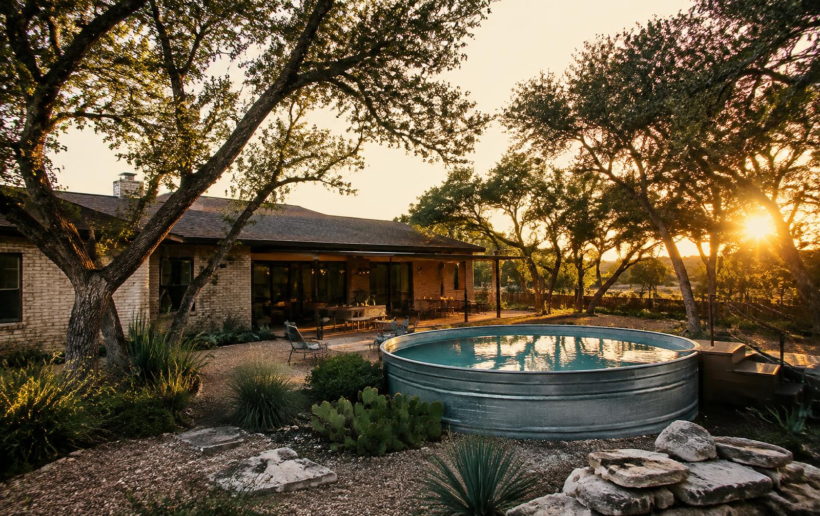 Design concept: a Texas ranch backyard reimagined with a stock-tank pool and native garden